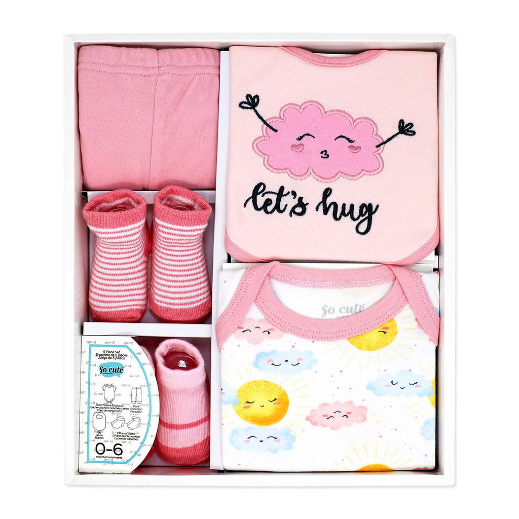 Pink “Let’s Hug” 5 Piece Baby Outfit Gift Set 0–6 Months – 100% Cotton