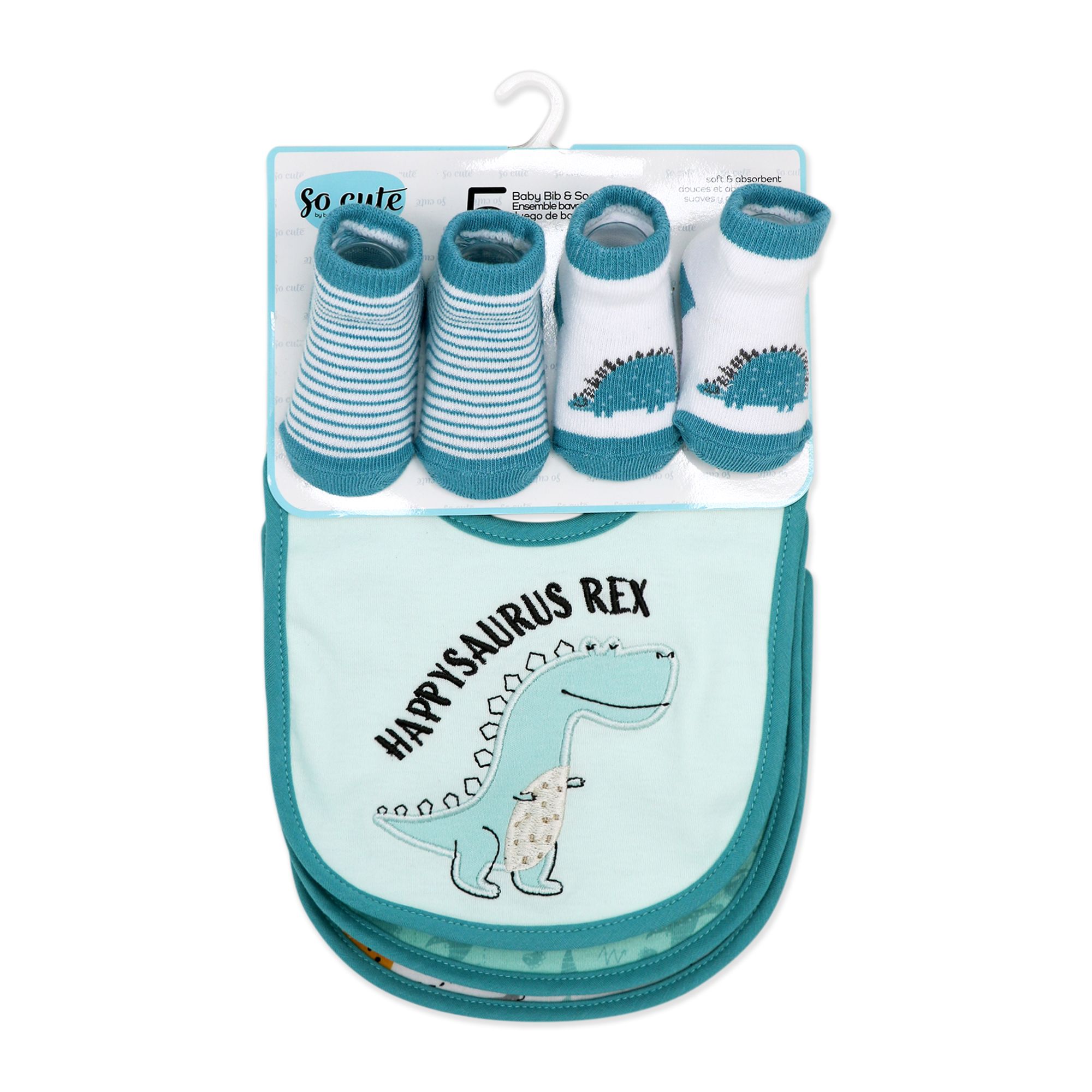 Dinosaur Baby Bibs and Socks Set – 3 Bibs + 2 Pairs Socks, Soft Cotton Blend
