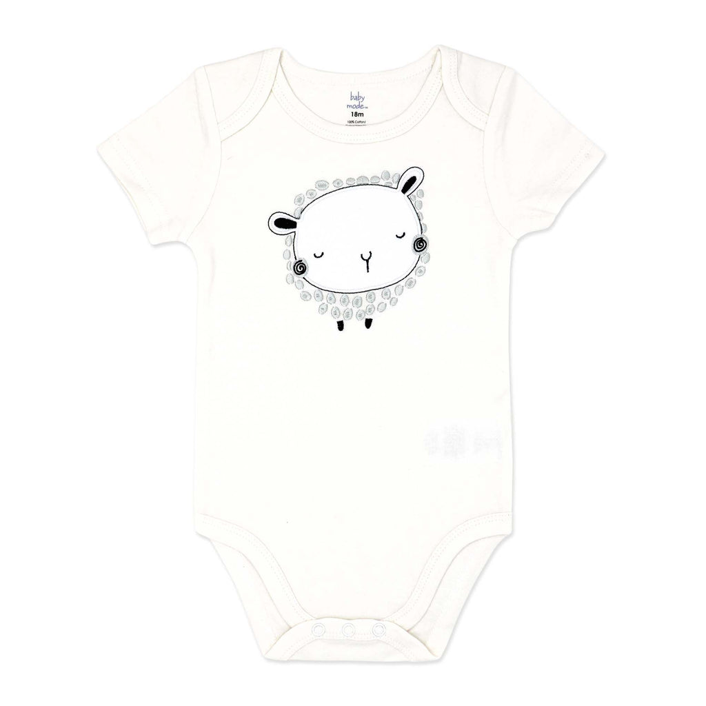 White Lamb Print Baby Bodysuit – 100% Cotton Short Sleeve
