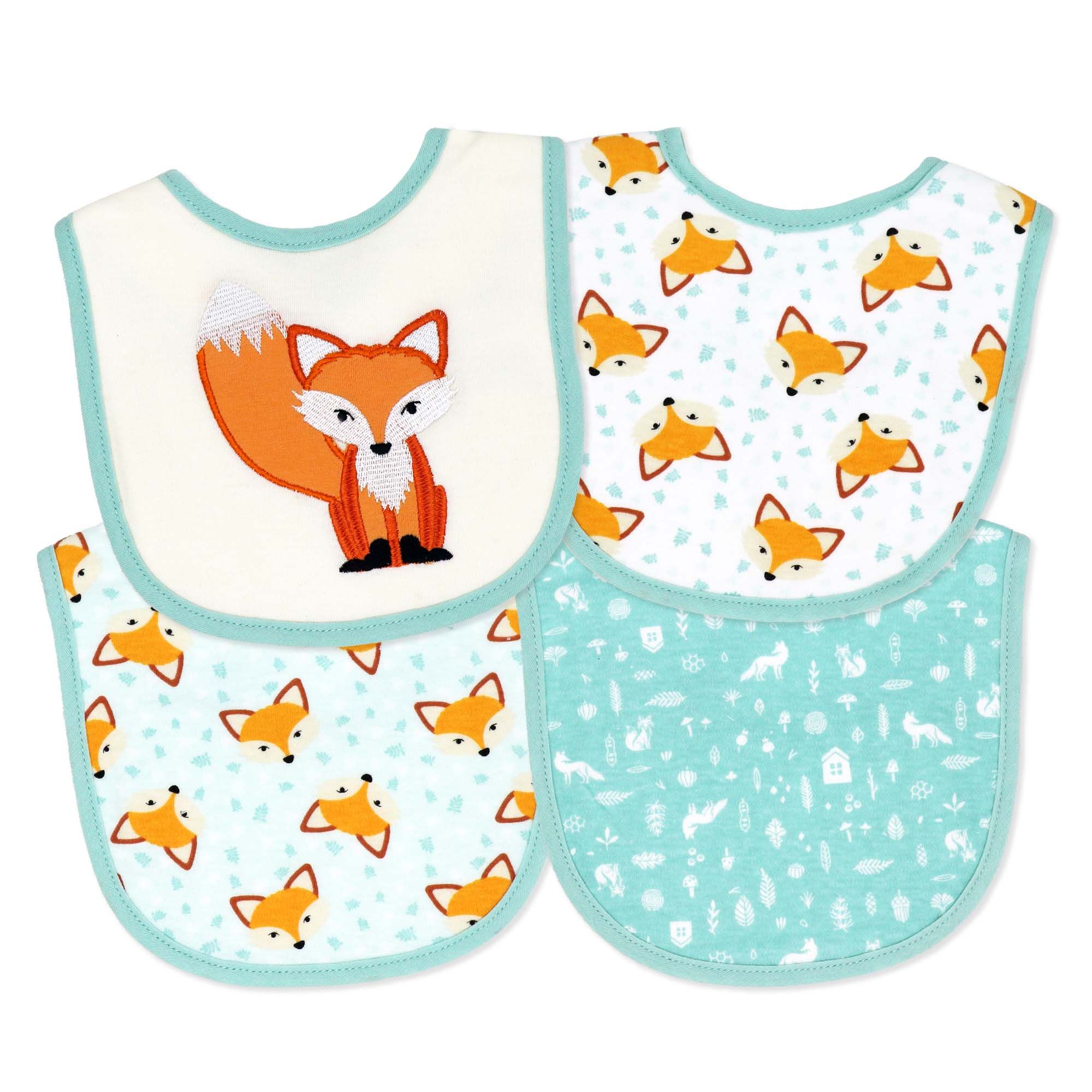 Fox Print Baby Bibs 4-Pack – Soft Cotton Blend Feeding & Drool Bib Set