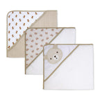 6-Piece Tan Teddy Baby Bath Set – 3 Hooded Towels & 3 Washcloths, 100% Polyester