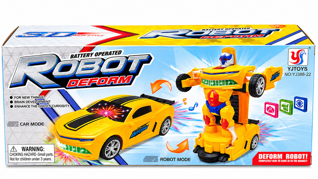 Transforming Robot Sports Car Toy – 2-in-1 Yellow Robot Car with Lights &amp; Sound (3+ Years)