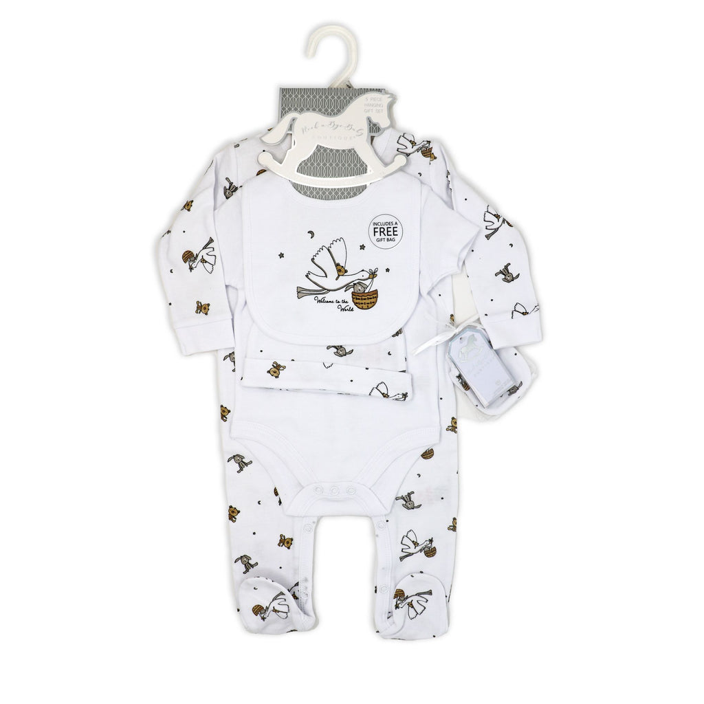 Stork Print 5 Piece Baby Layette Gift Set – 100% Cotton