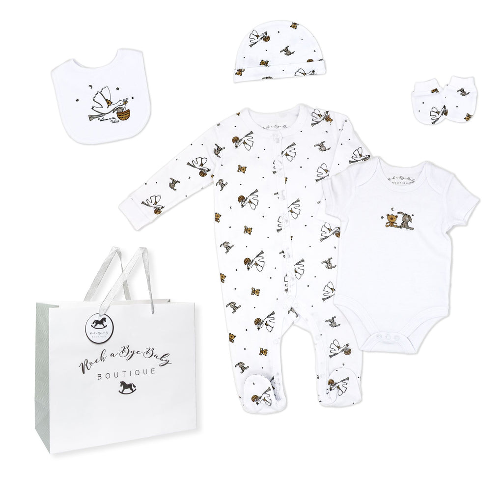 Stork Print 5 Piece Baby Layette Gift Set – 100% Cotton