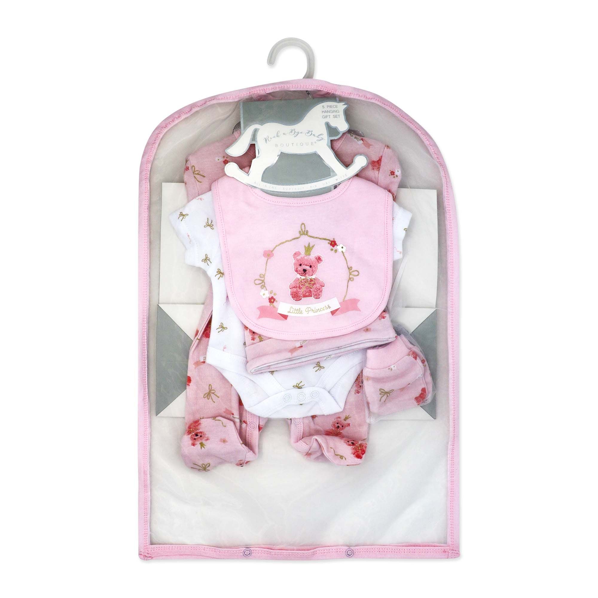 Pink Floral Princess 5 Piece Baby Girl Layette Gift Set – 100% Cotton