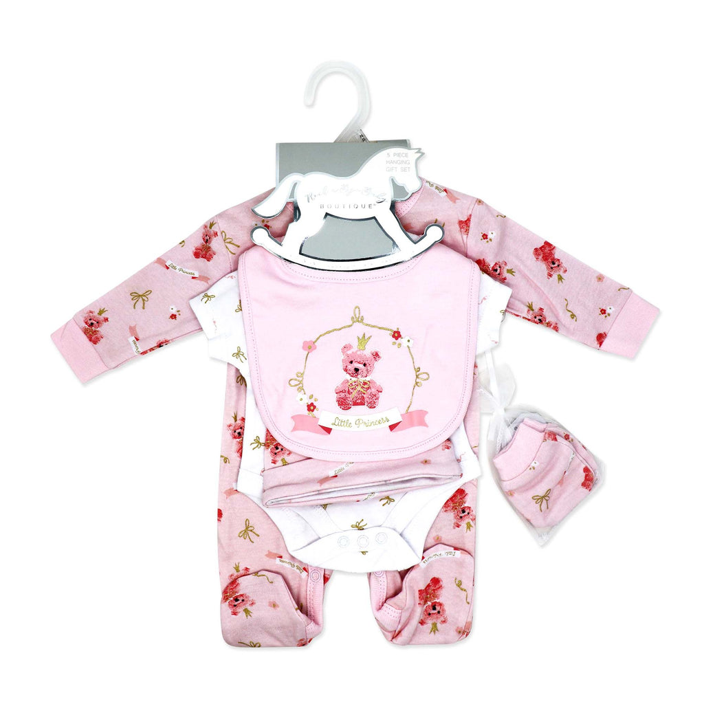 Pink Floral Princess 5 Piece Baby Girl Layette Gift Set – 100% Cotton