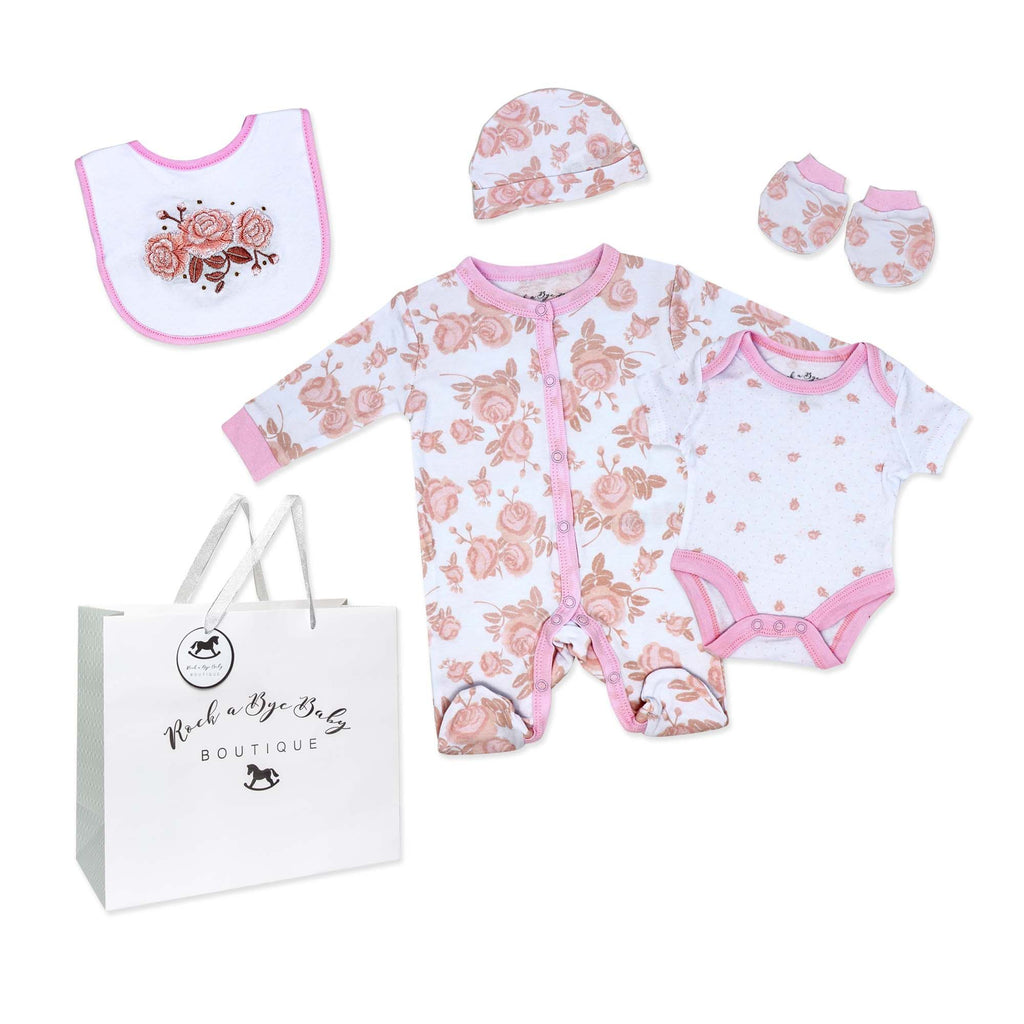 Pink Rose 5 Piece Baby Girl Layette Gift Set – 100% Cotton