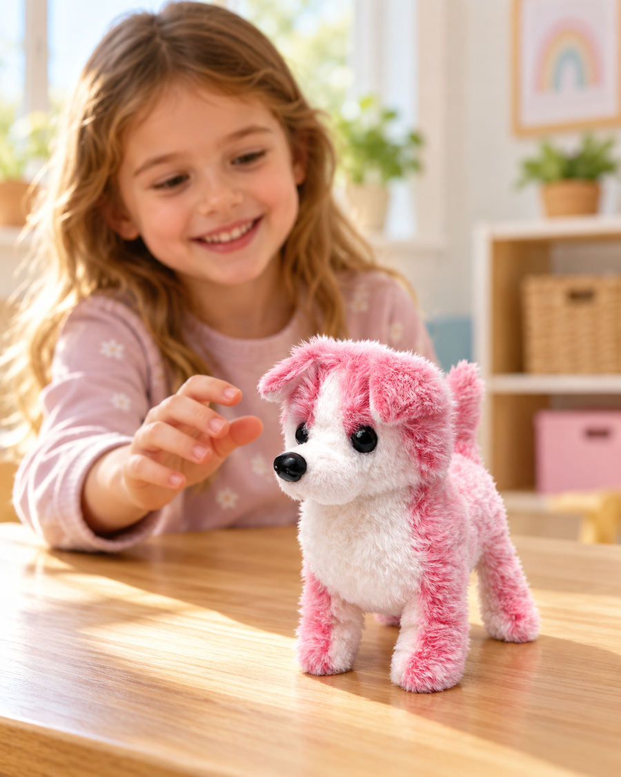 Battery Operated Walking Husky Plush Toy – Pink & White Dog, Ages 2+